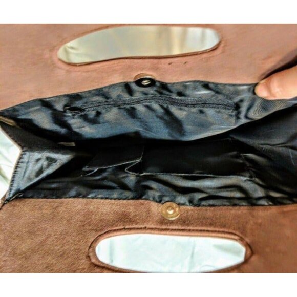 Vintage-Inspired Brown & Gold Brocade Handbag With Suede Accents Snap Closure & - Picture 4 of 6